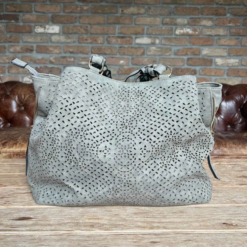 Violet Ray Faux Suede Laser Cut Gray Tote Bag Lined Boho Chic EUC mulberryfoundr - Picture 3 of 16